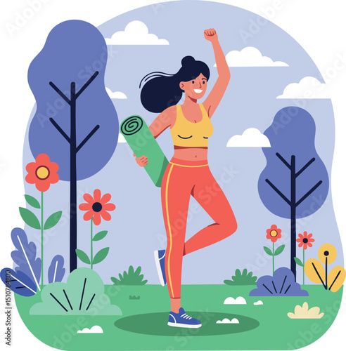 Woman exercising outdoors with yoga mat in purple trees and green park environment 