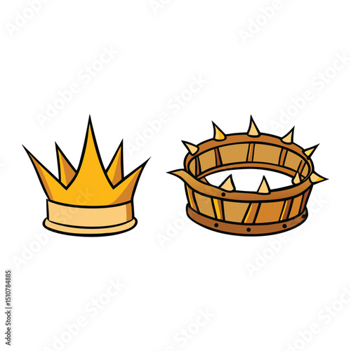 A golden crown shines with regal brilliance, while a woven thorn crown symbolizes sacrifice and pain—two contrasting emblems of power and humility intertwined.
