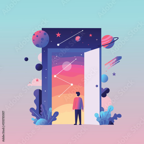Person standing in open door with cosmic space and planets illustration in purple and pink tones 