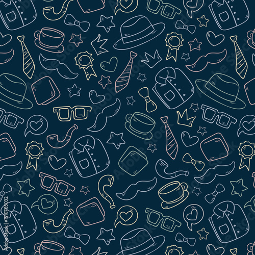 Seamless pattern with tie, hat, mustache and glasses. Modern background for Father's Day.