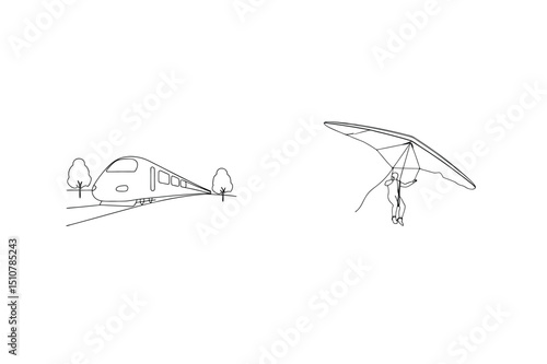 Vector illustration of train and hang glider depicting travel and adventure concepts