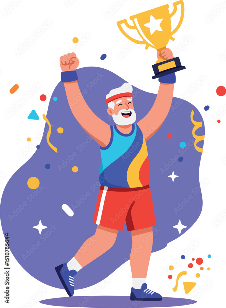 Naklejka premium Elderly man celebrating victory holding golden trophy in sportswear vector illustration 
