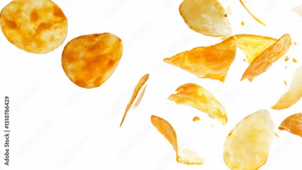 Flying potato chips white background Flying potato chips white background