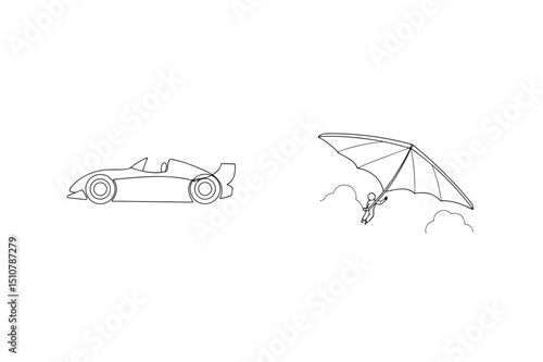 Outlined illustration featuring race car and hang glider symbolic of speed and freedom