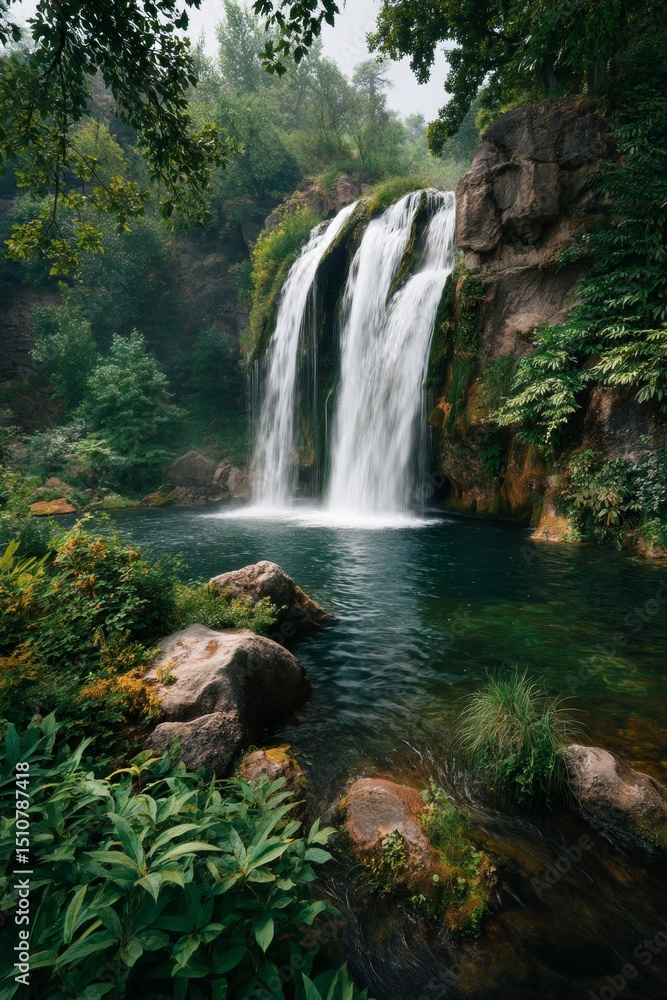 Obraz premium Peaceful natural scene featuring a waterfall cascading into a pond surrounded by rocky cliffs and lush greenery, perfect for hiking or relaxation.