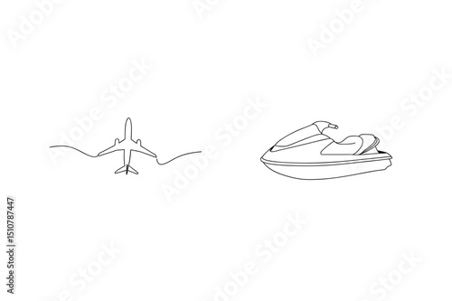 Minimalist line art illustration of airplane and jet ski on a white background