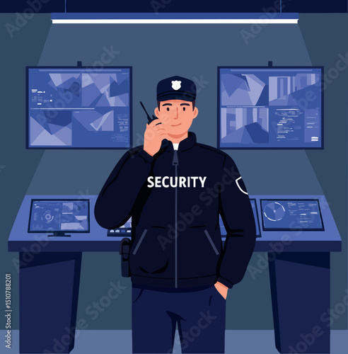 Security guard monitoring surveillance screens in control room vector illustration 