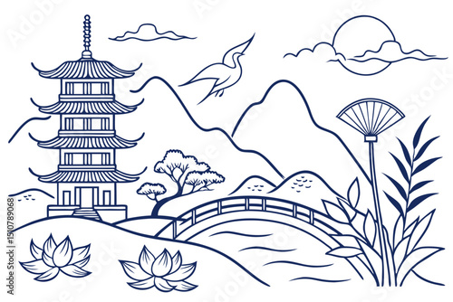 Serene asian landscape with pagoda and bridge