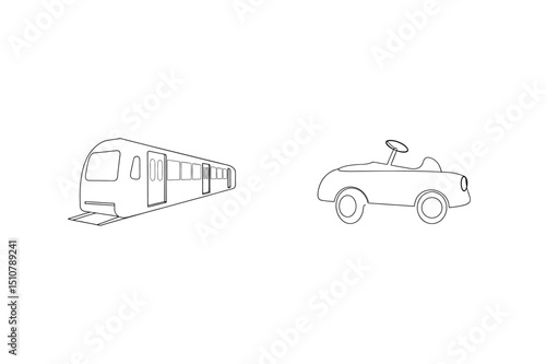 Minimalist line art illustration of a train and a toy car on a white background