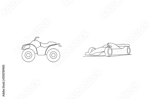 Minimalist line drawing of an atv and a race car on a white background
