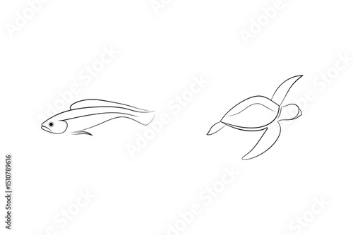 Minimalist line art illustration of a fish and sea turtle on white background