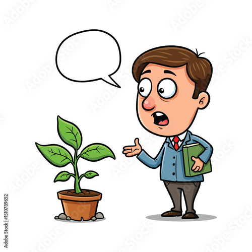 A Cartoon Teacher Talking to Plant Clipart –  Blank Speech Bubble for Custom Text