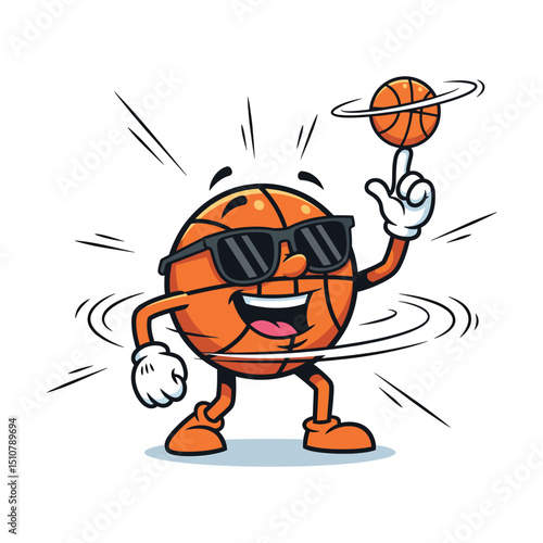 A Funny Clipart Featuring a Goofy Basketball Character with Sunglasses Spinning a Basketball on Fingers – Fun Cartoon Sports Vector Clipart on White Background