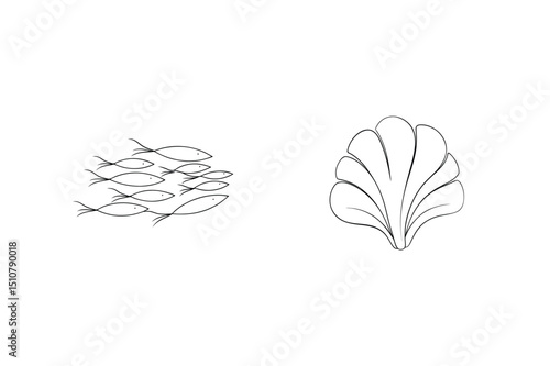 Simple minimalist black and white illustrations of a school of fish and a seashell
