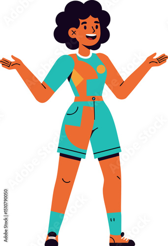 Woman standing in colorful casual outfit smiling with open arms vector illustration 