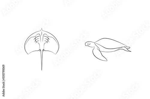 Minimalist line art illustration of a stingray and sea turtle swimming underwater