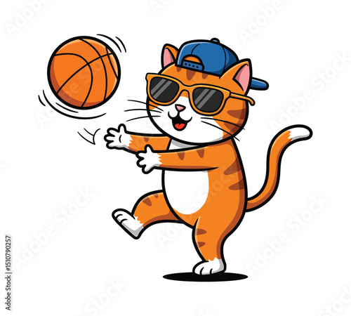 Cool Cat Basketball Clipart – Cartoon Orange Kitty Playing with Ball in Sunglasses