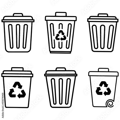 Collection of trash bin and recycling bin icons in outline style. These versatile vector illustrations are suitable for projects related to waste management, environmental cleanliness and recycling.