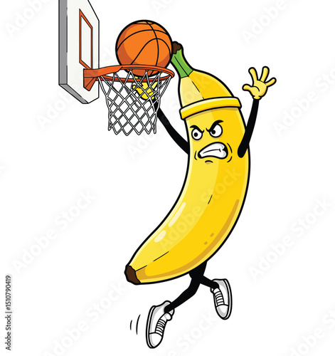 Funny Banana Basketball Dunk Clipart – Cartoon Fruit Character Slam Dunking Illustration