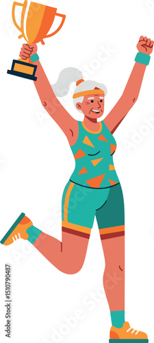 Woman athlete celebrating victory holding trophy in sportswear running pose vector illustration 
