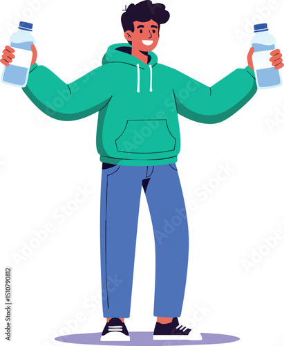 Young man holding two water bottles in casual green hoodie and blue pants vector illustration 