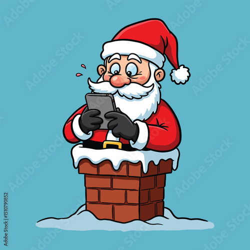 Funny Santa Claus Clipart – A Cartoon Santa Stuck in the Chimney and Texting with a Smartphone
