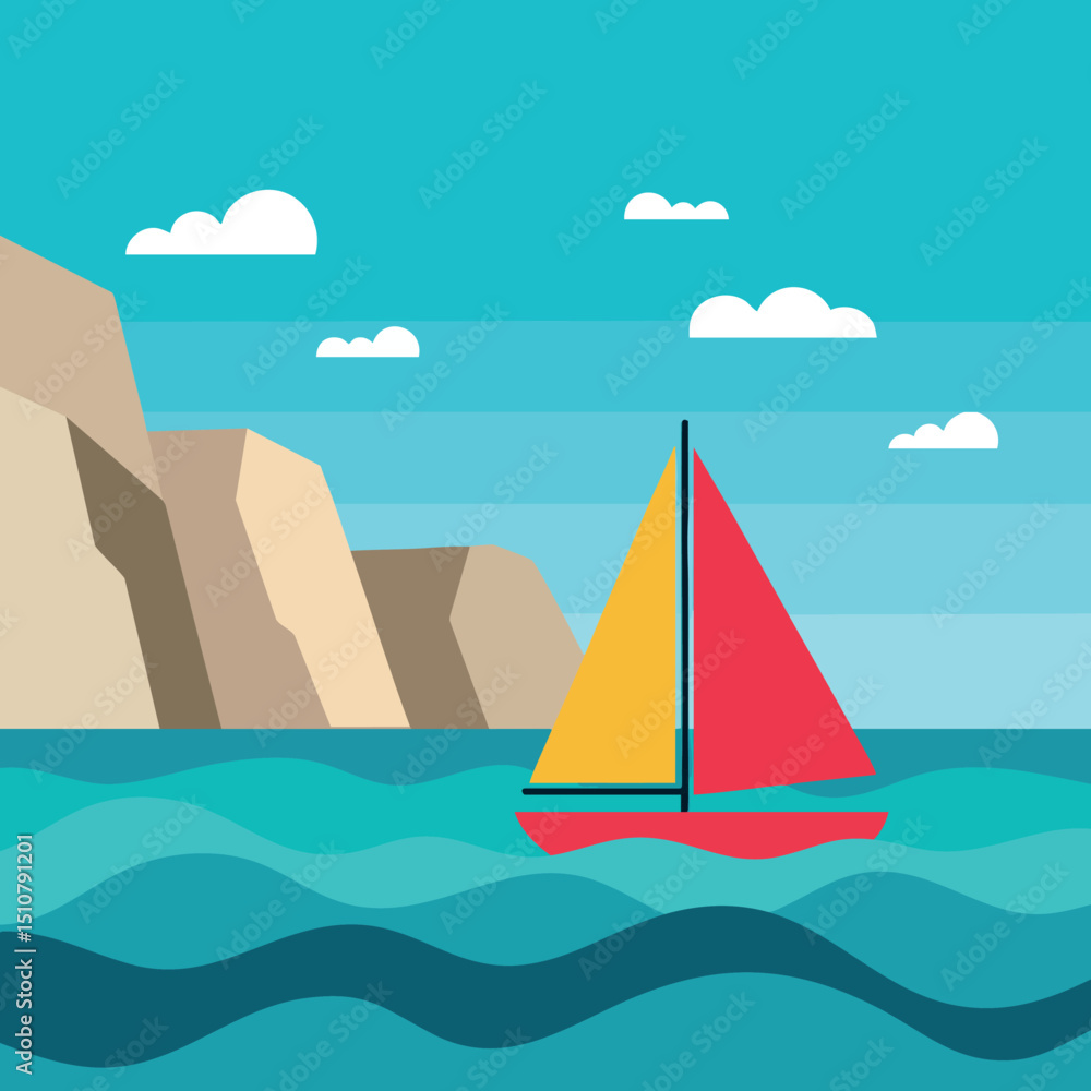 Fototapeta premium Sailboat with red and yellow sails on blue sea near beige cliffs vector illustration 