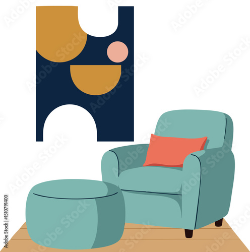 Modern armchair with ottoman and abstract wall art in cozy living room setting 