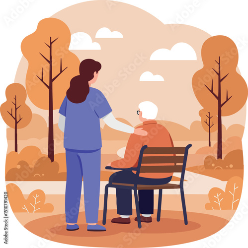 Caregiver assisting elderly man on bench in autumn park with orange trees natural scene 