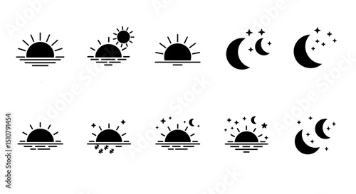 Various black and white icons depicting different times of day from morning to night illustrations
