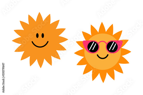 Cute cartoon sun icons with happy faces, one wearing pink sunglasses. Fun summer-themed illustration perfect for kids graphics, weather icons, and sunny vacation designs. Isolated PNG file