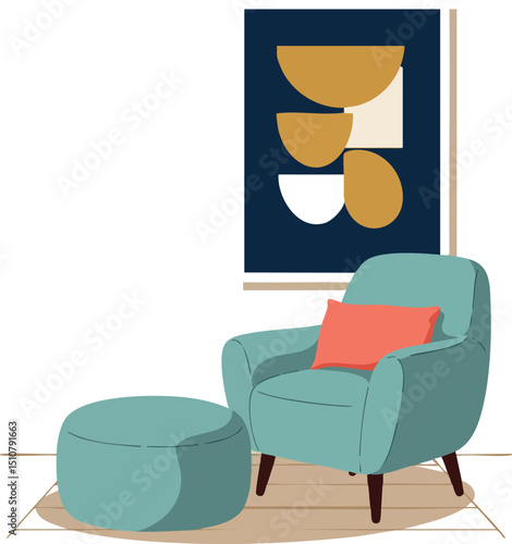 Comfortable blue armchair with coral pillow and ottoman in modern living room illustration 
