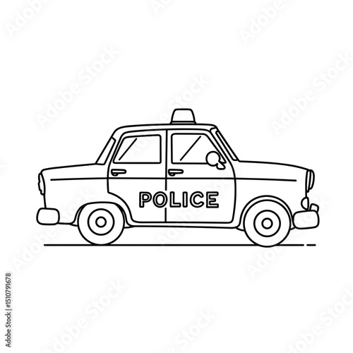 Vintage police car illustration in black and white style for coloring  