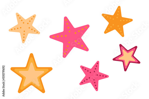 Colorful starfish sea stars set with spotted patterns, pink orange yellow marine life icons, flat design vector graphics isolated on white background. High res PNG
