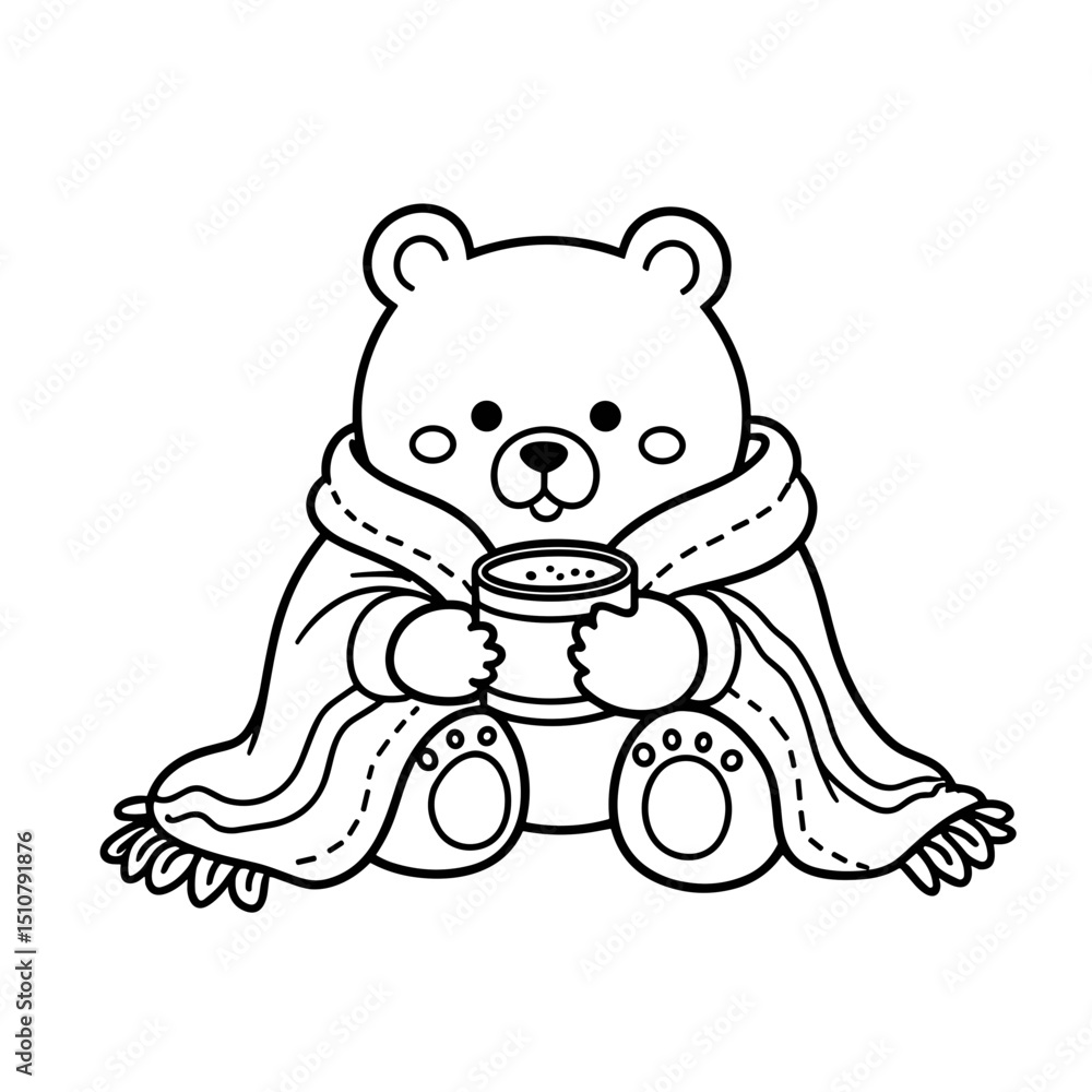 Obraz premium Cute teddy bear wrapped in blanket holding a mug of cocoa 