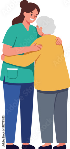 Caregiver hugging elderly woman showing support and compassion in healthcare vector illustration 