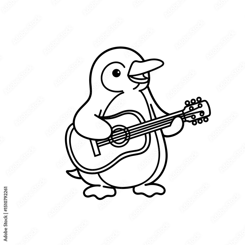 Fototapeta premium Cartoon penguin playing guitar in a fun coloring style 