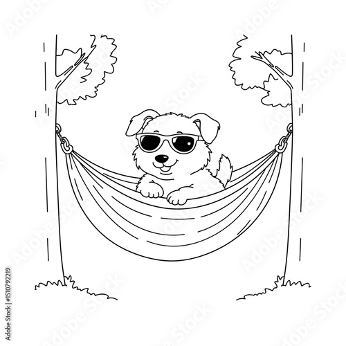 Dog relaxing in hammock under trees wearing sunglasses - Concept of Coloring  