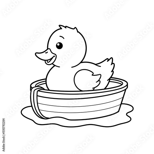 Cartoon duck floating in a small boat in a pool of water, Coloring  