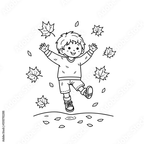 Young boy jumping joyfully in autumn leaves during a sunny day  