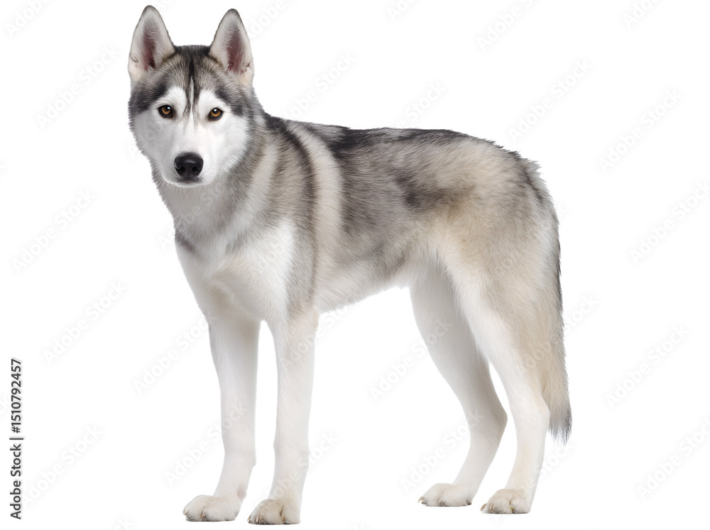 Side view of a full-body Siberian Husky dog standing attentively on a white background, showcasing its thick fur, distinctive markings, and alert posture
Side view of a full-body Siberian Husky dog standing attentively on a white background, showcasing its thick fur, distinctive markings, and alert posture