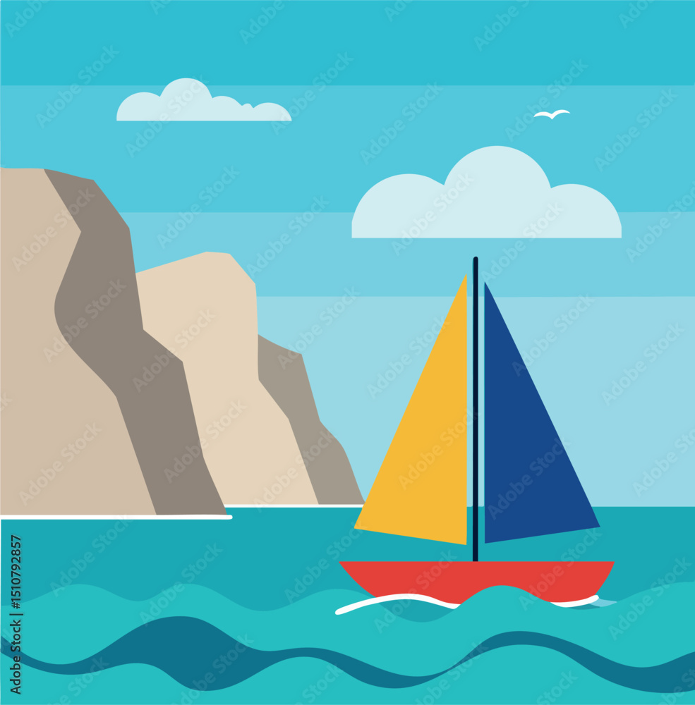 Naklejka premium Sailboat with yellow and blue sails on sea near rocky cliffs vector illustration 