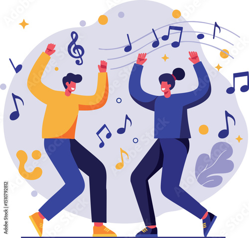 Two people dancing joyfully with musical notes around in vibrant colors vector illustration 