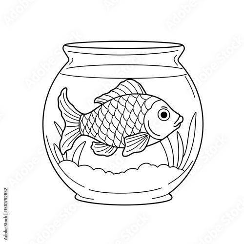 Goldfish swimming in fishbowl surrounded by aquatic plants - Concept of Coloring  