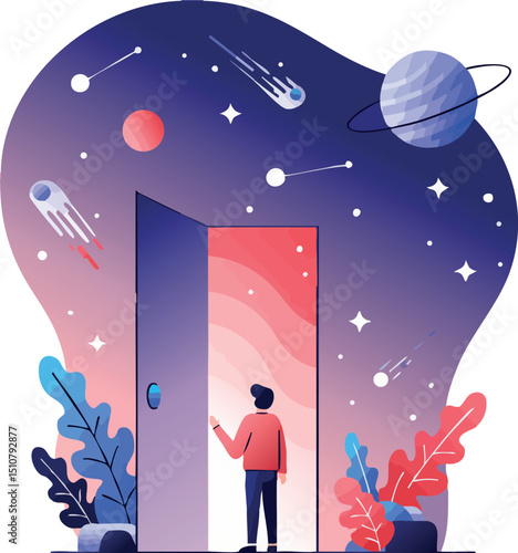 Person opening door to cosmic space with planets stars and meteors in purple and pink hues vector illustration 