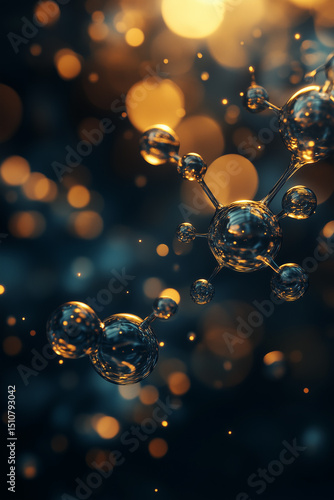 Microscopic view of a molecular structure with glowing spheres and soft bokeh lights. This abstract depiction captures the essence of scientific discovery and intricate biological or chemical bonds