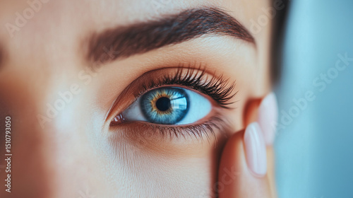 Close-up of a striking blue eye. a woman's finger delicately placed below. The vibrant iris and clear pupil are prominently featured. Cosmetic and vision concept