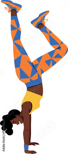 Woman performing handstand exercise in geometric patterned leggings and yellow top vector illustration 
