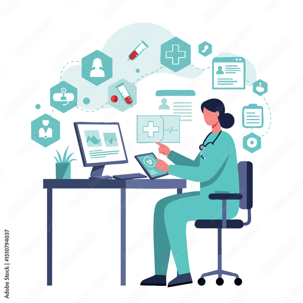 Female Doctor Using Digital Health Records with Medical Icons Vector Illustration Female Doctor Using Digital Health Records with Medical Icons Vector Illustration