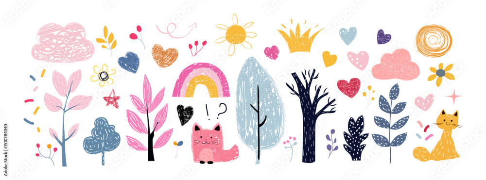 Fototapeta premium Colorful vector illustration featuring a cute kid style sketch drawn by hand with crayon, pencil, and chalk. 